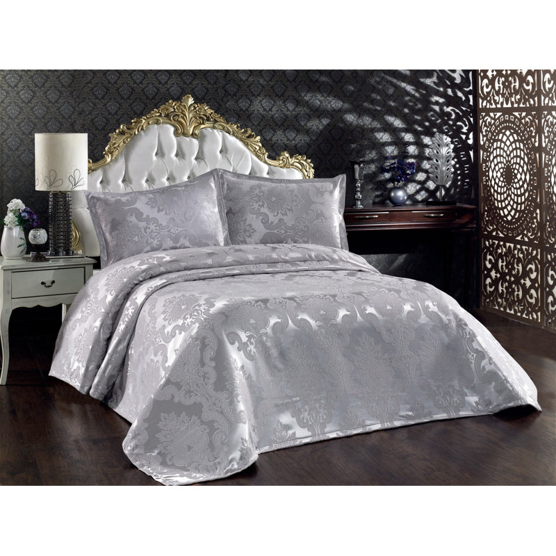 Medora Cotton Damask Bedspread with Pillowcases, Grey