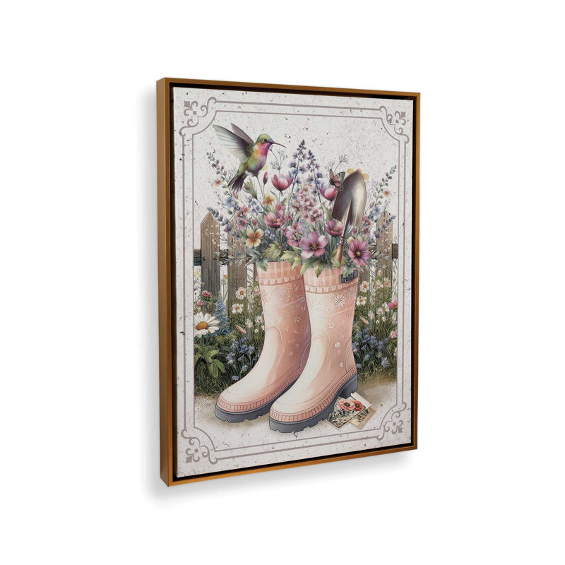 Dans les bottes de jardin par Nicole DeCamp, reproduction d'art, L 12 po x H 16 po, Toile avec cadre, Doré