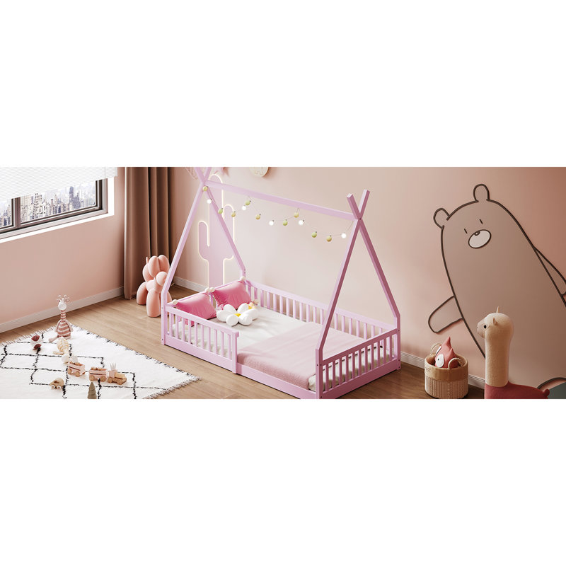 Lit simple en bois avec clôture rose - Fabrication en pin robuste pour l'accessoire de chambre à coucher, Rose