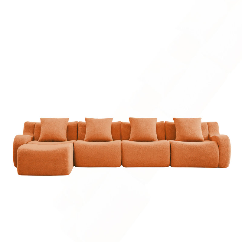 Canapé en L sans siège à 4 places, tissu en peluche sans assemblage requis, accoudoir incurvé, conception antidérapante, méridienne d'assemblage, aspirateur à compression haute densité 32D, pour salon