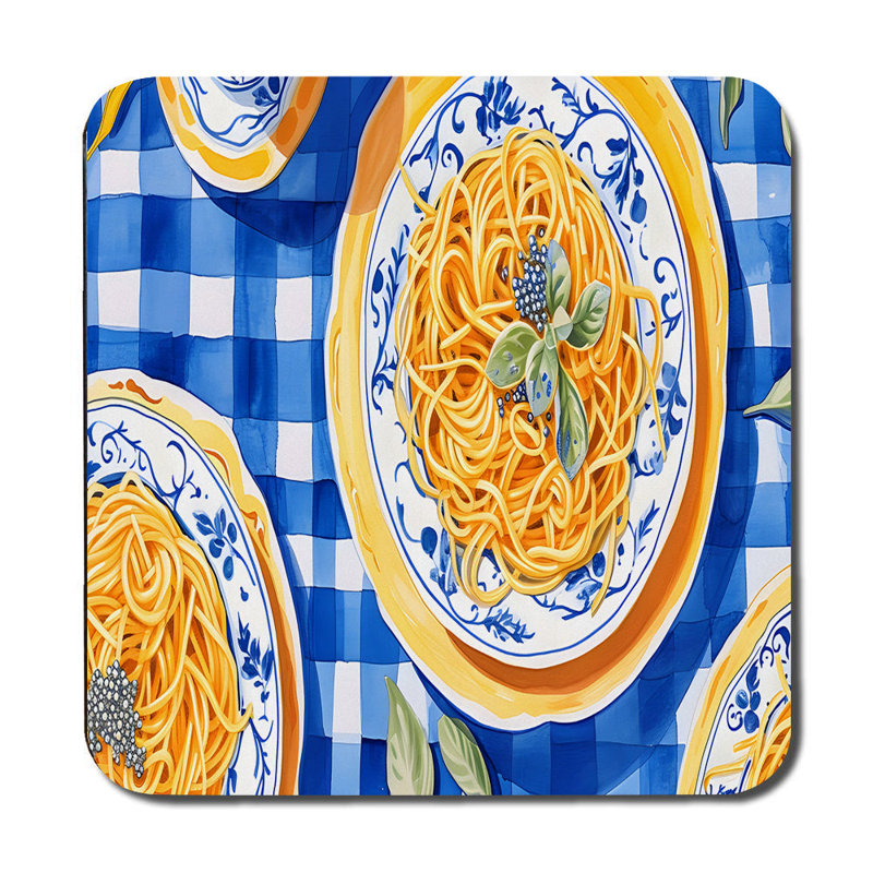 Pasta Plate Pattern Placemat and Coaster Set in Blue Checkered Design