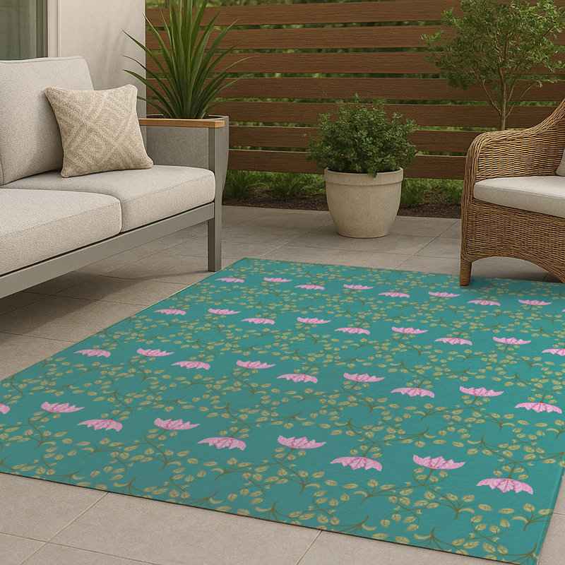 Tapis d'extérieur décoratif Anjelica, Bleu sarcelle, Rectangulaire 8 pi x 10 pi