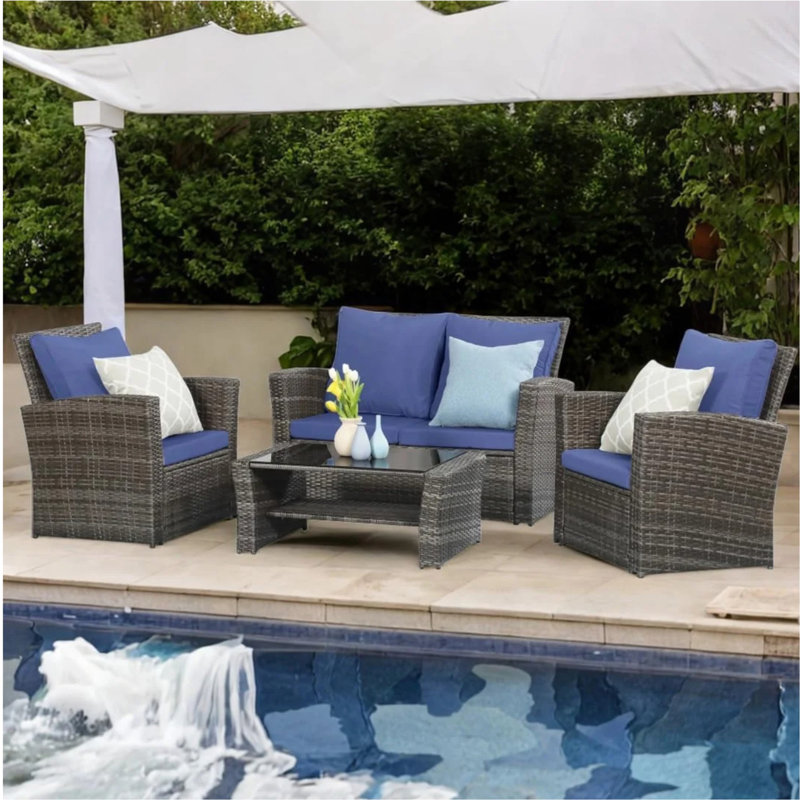 Ensemble de conversation 4 pièces pour patio avec coussins et table, Bleu