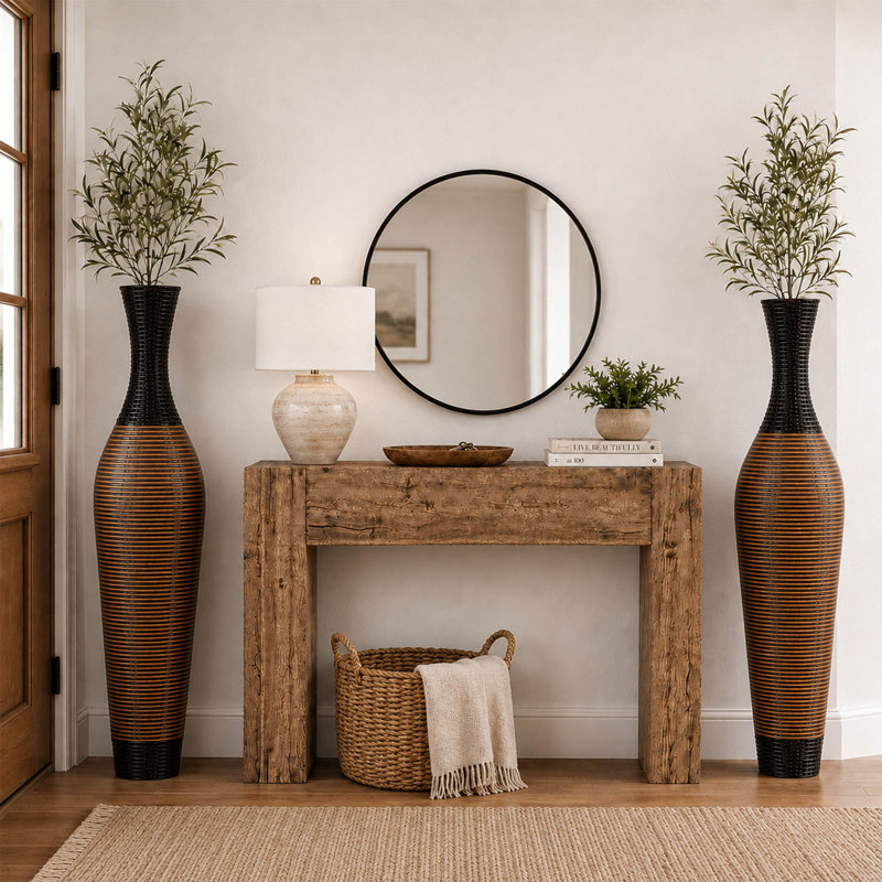  Vase de plancher Aaban 51 po, rotin en PVC tissé à la main, deux tons brun et noir, grand vase décoratif