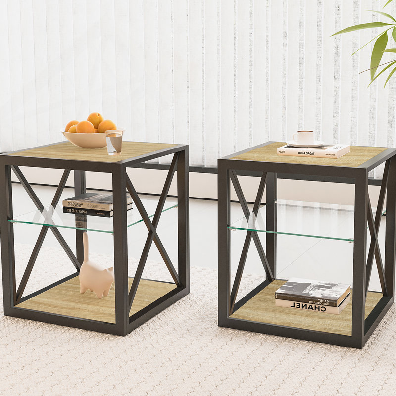 Ensemble de 2 tables de chevet modernes pour chambre à coucher et salon, plateau en panneau de fibres à densité moyenne en bois trempé et bois naturel, table d'appoint de style industriel