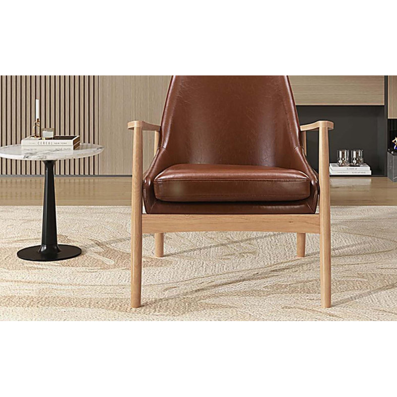 Chaise d'appoint en similicuir, fauteuil de style Mid-Century moderne avec structure en bois massif, fauteuil de lecture avec dossier haut pour le salon