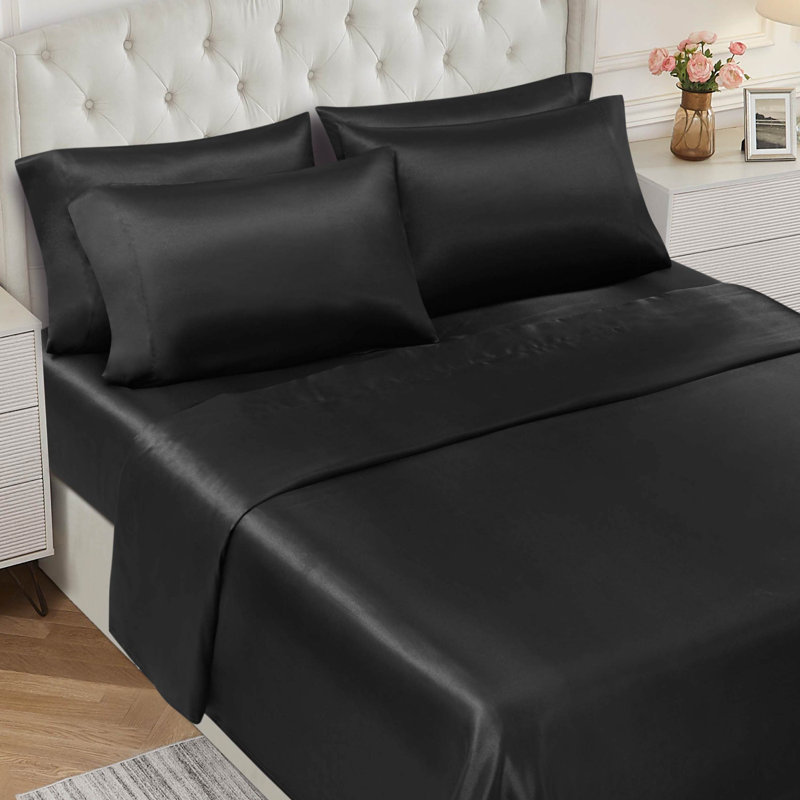 BCBG Satin Sheet Sets with Extra Pillowcases, Full, Black