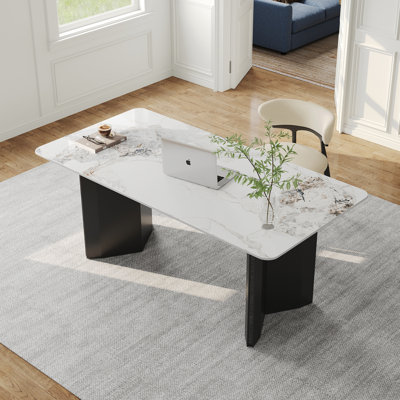 63" Modern Rectangular Writing Desk, Glossy White Sintered Stone Top, Black Stainless Steel Double Base