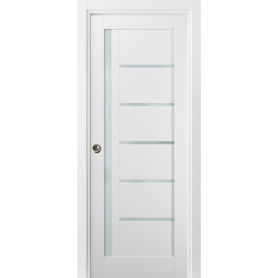 Panel Lite Pocket Door Quadro 4088 White Silk Kit Trims Rail Hardware Solid Wood Interior Pantry Kitchen Bedroom Closet Sturdy Doors-32" x 80"