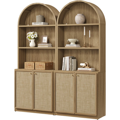 Consiglia 80" Boho Arched Bookcase with Rattan Doors and Adjustable Shelves