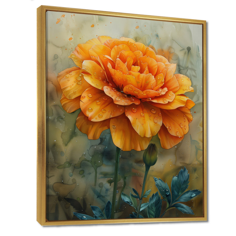 Orange orange, matin, rosée, souci - décoration murale souci, Cadre doré flottant, bois massif, H 24 po x l 32 po