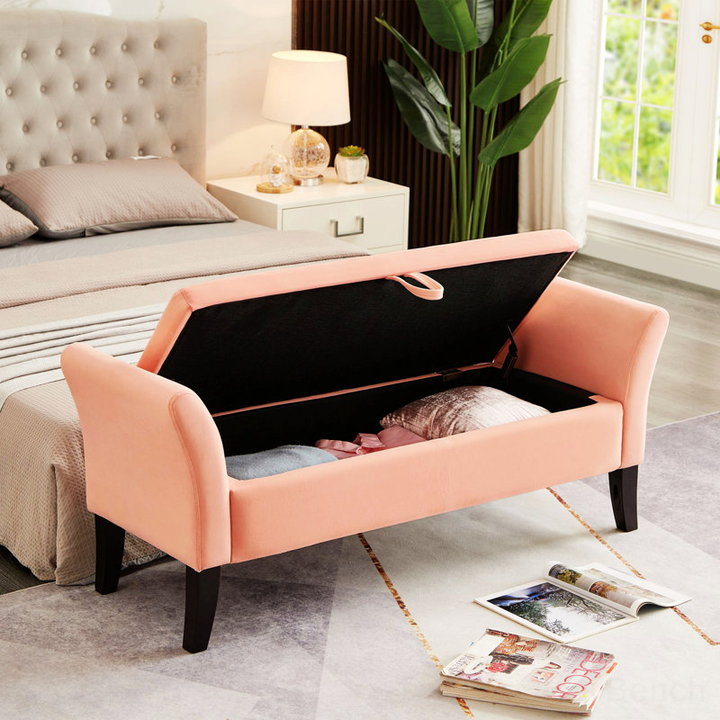 Velvet Upholstered Storage Bench, Pink