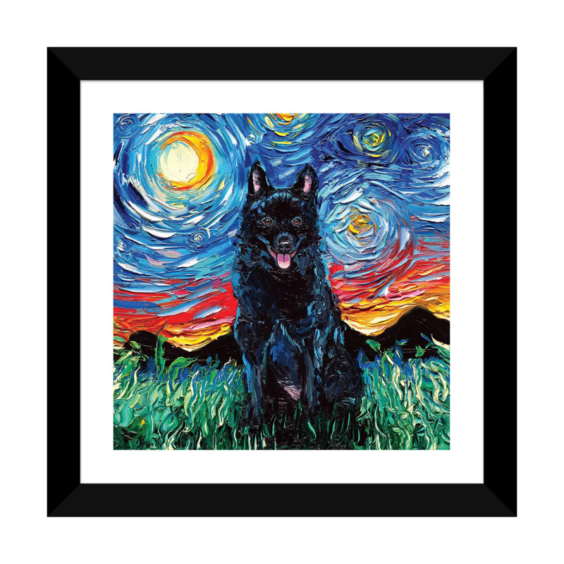 Reproduction d’art, "Schipperke Night" par aja Trèves, H 16 po x l 16 po x p 1 po, Papier encadré noir, Blanc