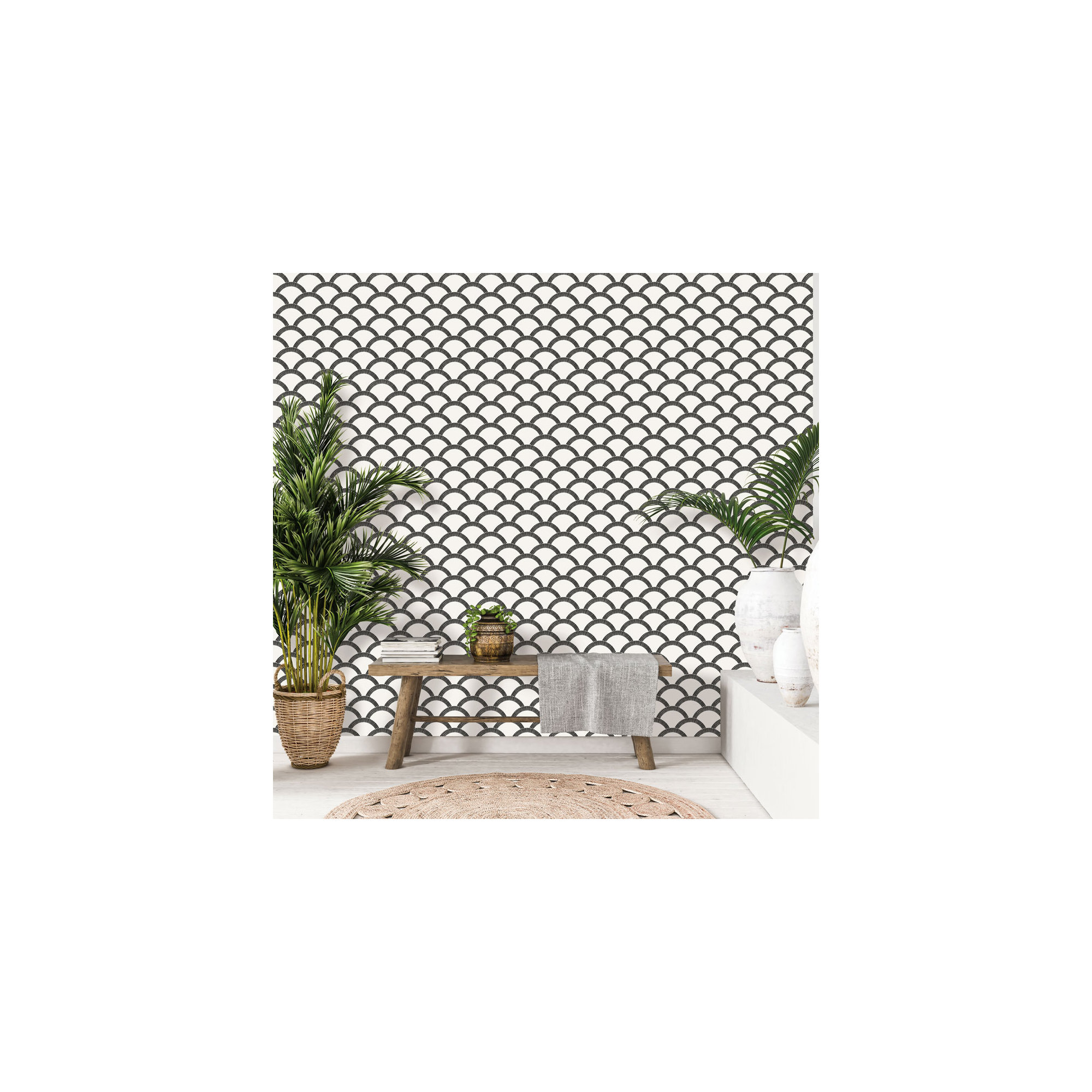 Mosaic Scallop Peel And Stick Wallpaper, Black/Cream, 3.5 kg