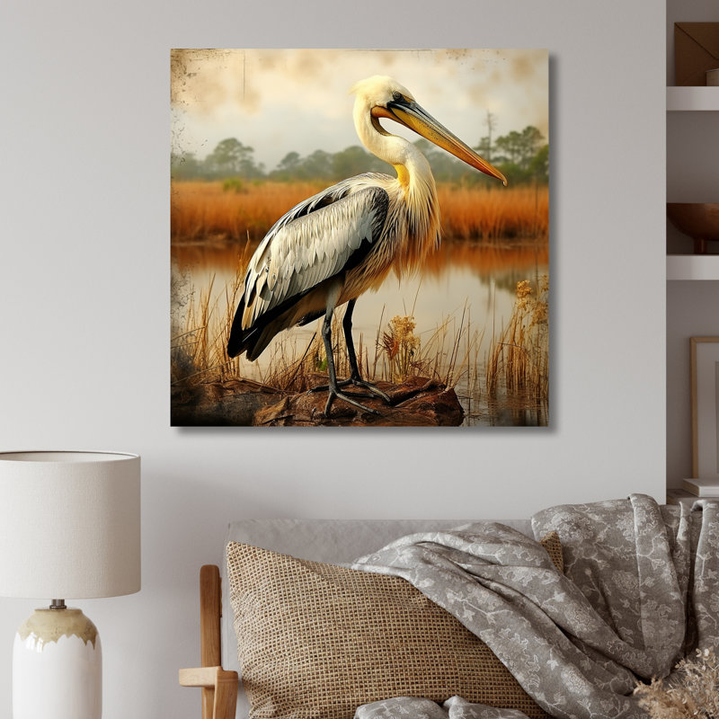 Pélican noir au bord de l'eau - art mural pélican en métal, H 36 po x l 36 po