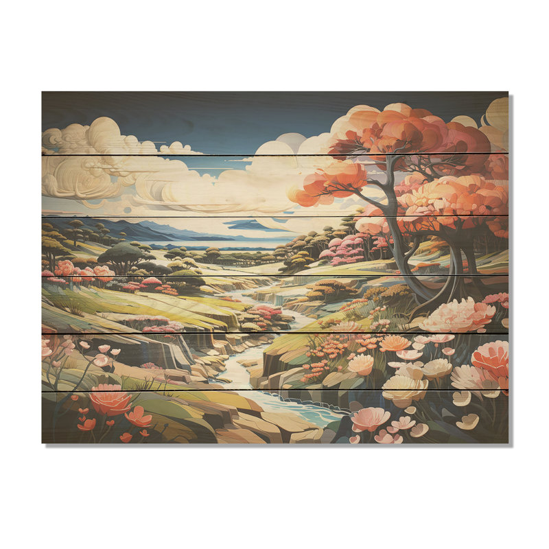 Paysage de golf japonais, harmonie I - forêt rivière, art mural sur bois de pin naturel, H 10 po x l 20 po