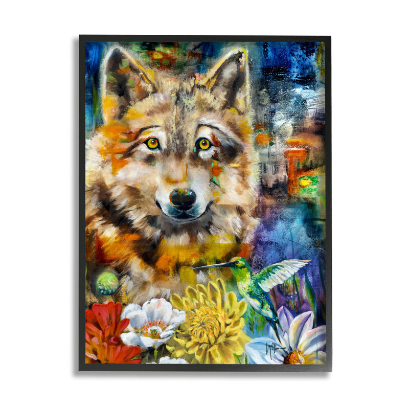Loup avec fleurs abstraites, estampe numérique par Linda McClure, Giclée encadrée noir minuit, H 20 po x l 16 po