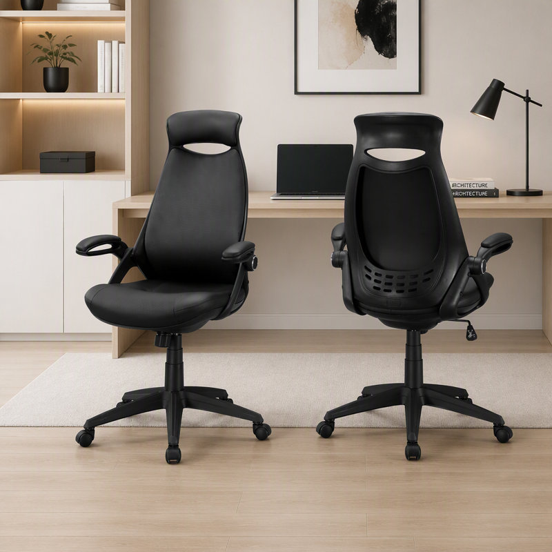 Chaise de bureau pivotante ergonomique à hauteur réglable, avec accoudoirs rembourrés et dossier haut, idéale pour les espaces de travail modernes.