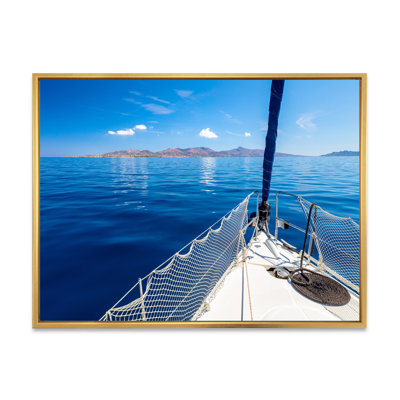 " Sail Boat Yacht In Open Blue Sea Near Island "