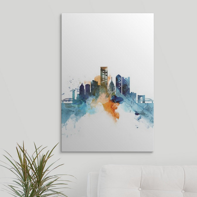 « pittsburgh aquarelle cityscape », impression, H 32 po x l 24 po x P 1 po, Cadre noir