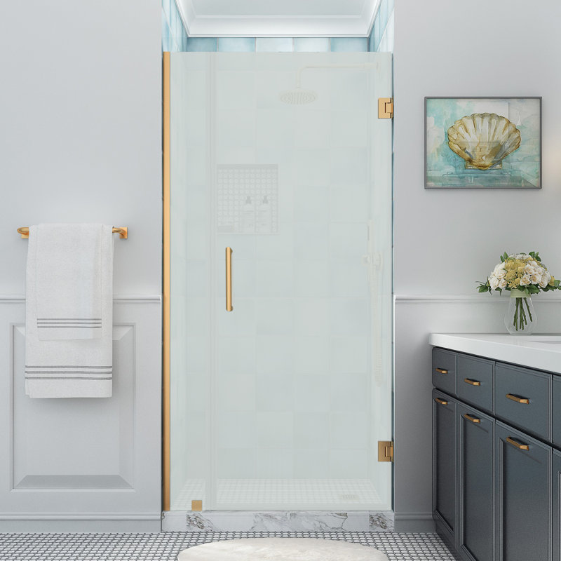Belmore XL 30.25 - 31.25 in. x 80 in. Frameless Hinged Shower Door with Ultra-Bright Frosted Glass, Brushed Gold