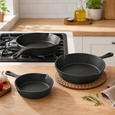 Ensemble de poêles en fonte 3 pièces, pré-assaisonné, à chaleur uniforme, durable pour la maison