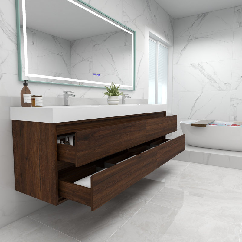 84'' Double Bathroom Vanity with Acrylic Top, Rosewood