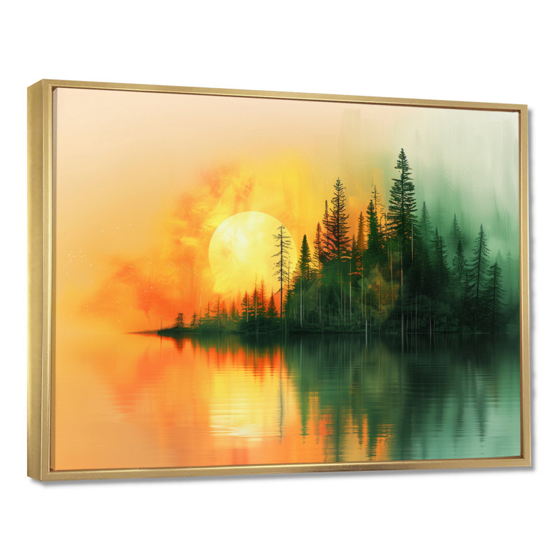 Décoration murale vert vert jaune lever de soleil dans la forêt IV - montagnes de paysage, Cadre flottant doré