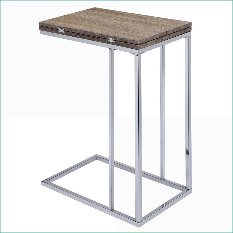 Table basse en chêne vieilli et chrome avec base géométrique, plateau pivotant extensible pour le salon