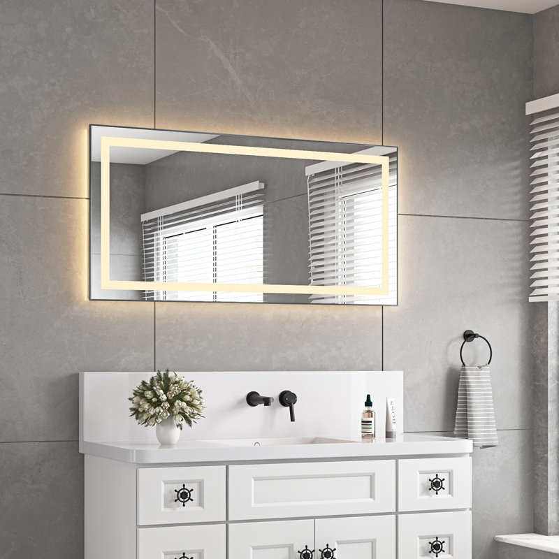 Miroir de meuble-lavabo mural 48 po x 24 po avec façade et rétroéclairage à DEL, 3 options de couleur, brouillard, cadre en aluminium, modes de réglage de la luminosité en continu, mémoire, cendre
