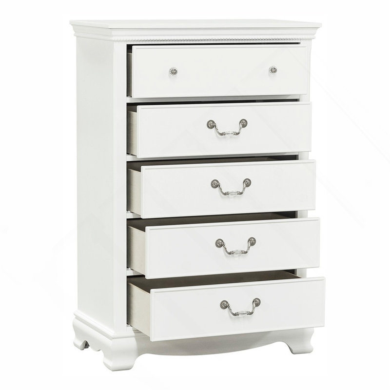 Mobilier de chambre à coucher classique en bois classique à finition blanche 1 pièce avec 5 tiroirs en queue d'aronde