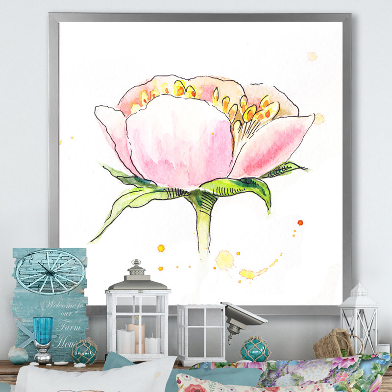 Fleur de pivoine rose rétro, H 16 po x l 16 po x P 1 po, Impression argent sur toile encadrée