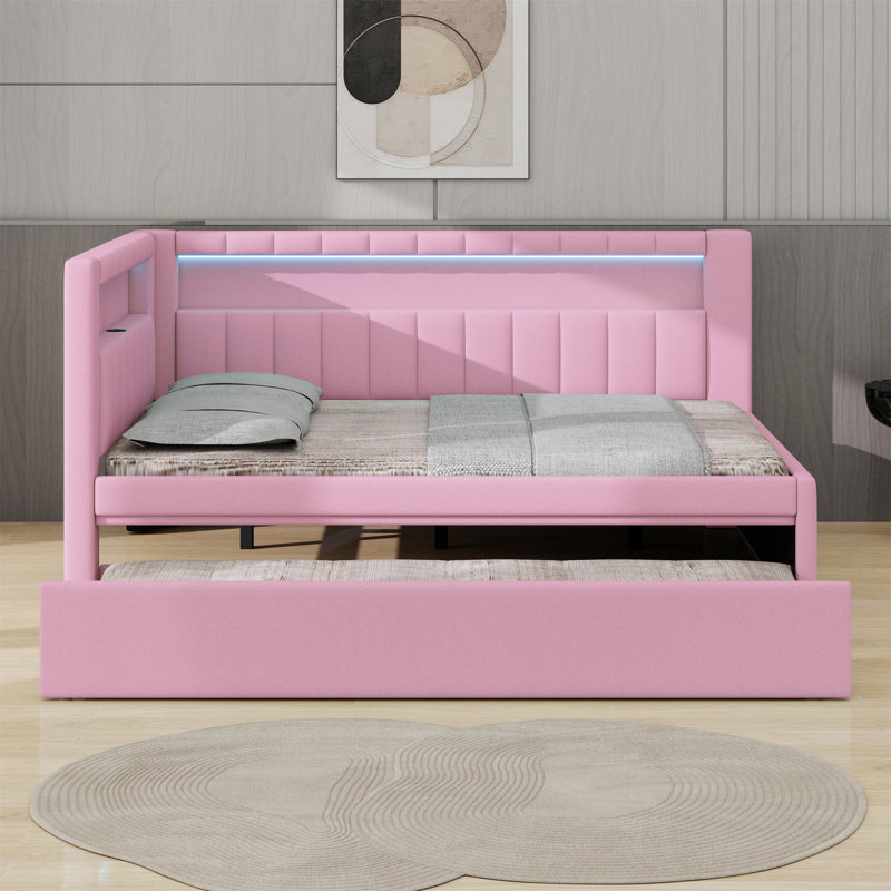 Upholstered Platform Bed With USB Ports And LED Belt, With Trundle, Pink