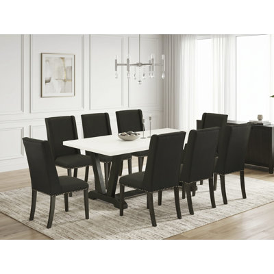 Ensemble de 6 pièces comprenant un plateau de table de couleur ciment, un banc magnifique et 4 chaises Parson kaki foncé avec têtes de clou et dossier haut de style, finition jacobine patinée