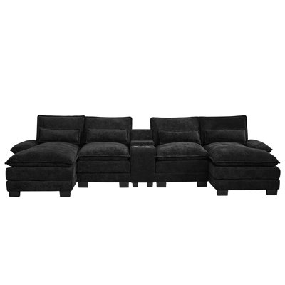 126" W U-Shape Sectional With Console & Cup Holders And USB Ports