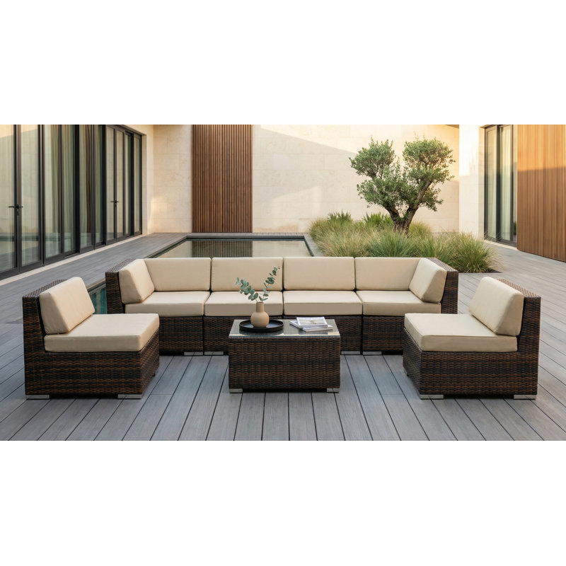 Ensemble de conversation en osier pour 6 personnes avec coussins Barneveld - sans assemblage, Polyester beige