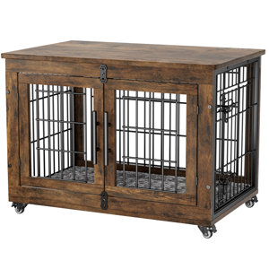 Dyako Dog Crate Furniture, Side End Table, Mordern Kennel, Wooden Heavy-duty Dog Cage, Dog House, Indoor End Table, Night Stand, w/Cushion and Wheels, Double-door, 3mm-5mm(dia) Iron Fence