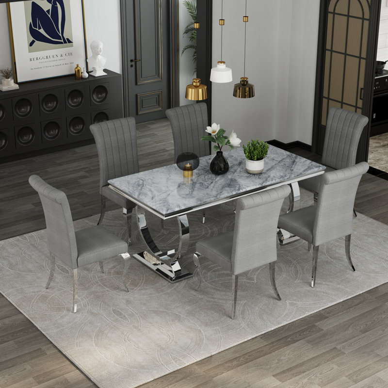 Ensemble de table de salle à manger avec 6 chaises Boucle, Argent