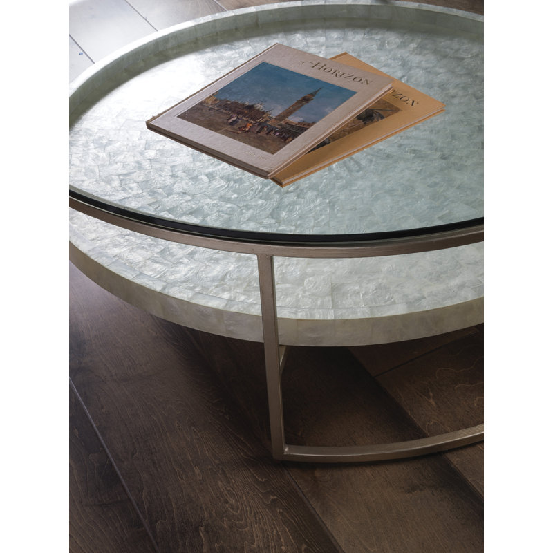 Modern Silver-White Round Glass Cocktail Table with Capiz Starburst