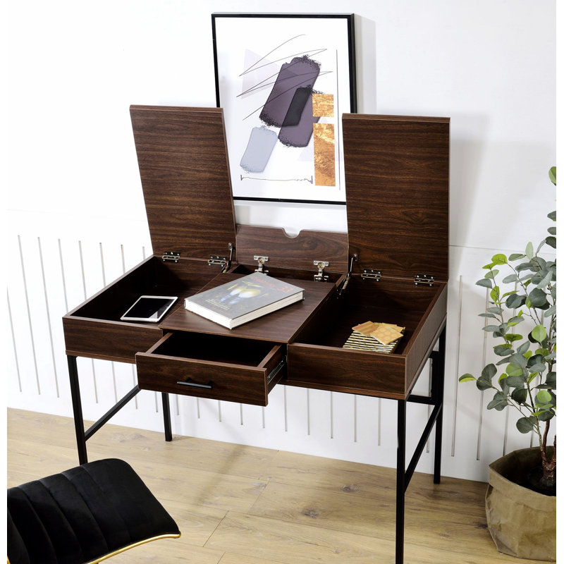 Bureau d'écriture avec port USB et 1 tiroir de rangement, bureau rectangulaire avec base en métal, Chêne