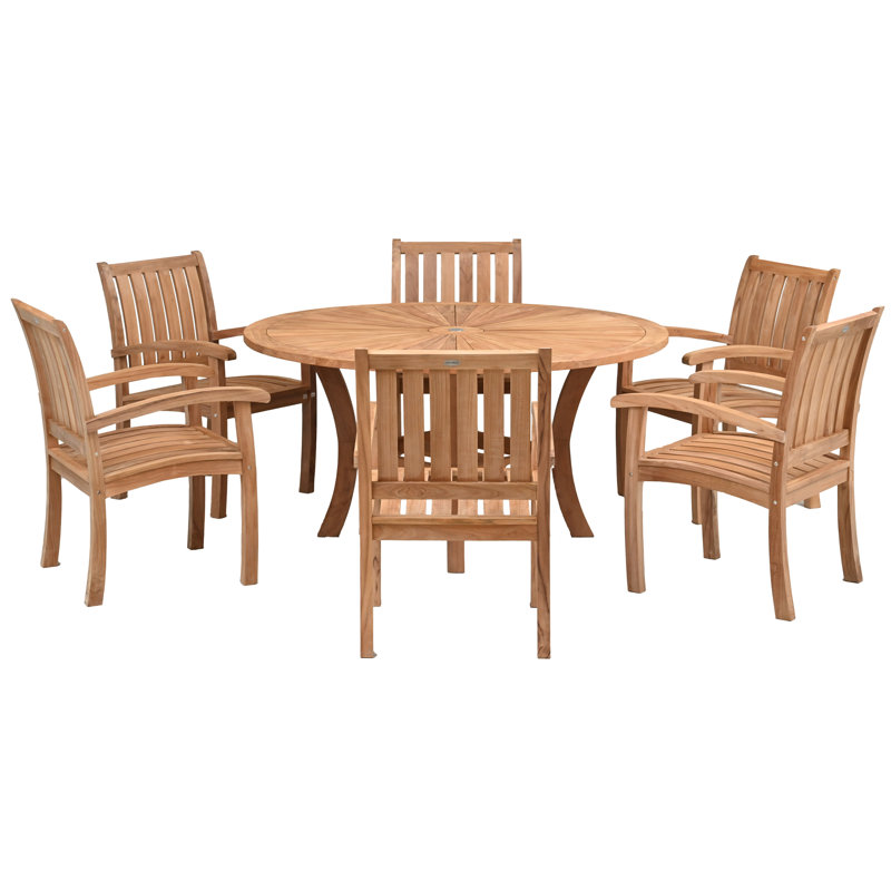 Teak Wood Dining Set Including Round Sun Table With Abacho Arm Chairs, 6