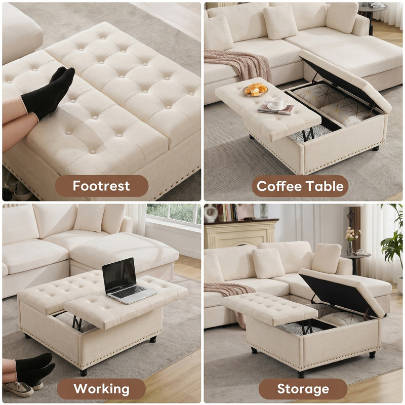 Delmontez 35.5'' Upholstered Storage Square Ottoman, Beige Velvet