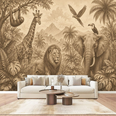 Peel and Stick Wallpaper Wall Mural Vintage Safari Jungle Exotic Animals Tropical Plants Wall Art Self Adhesive and Removable