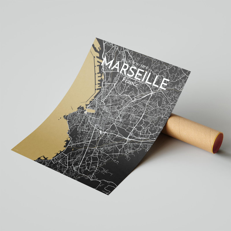 «Marseille City Map», impression, H 20 po x l 16 po, Noir / or