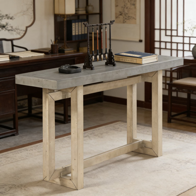 Console industrielle moderne avec plateau en béton et structure en bois massif, canapé d'entrée pour salon, couloir ou vestibule