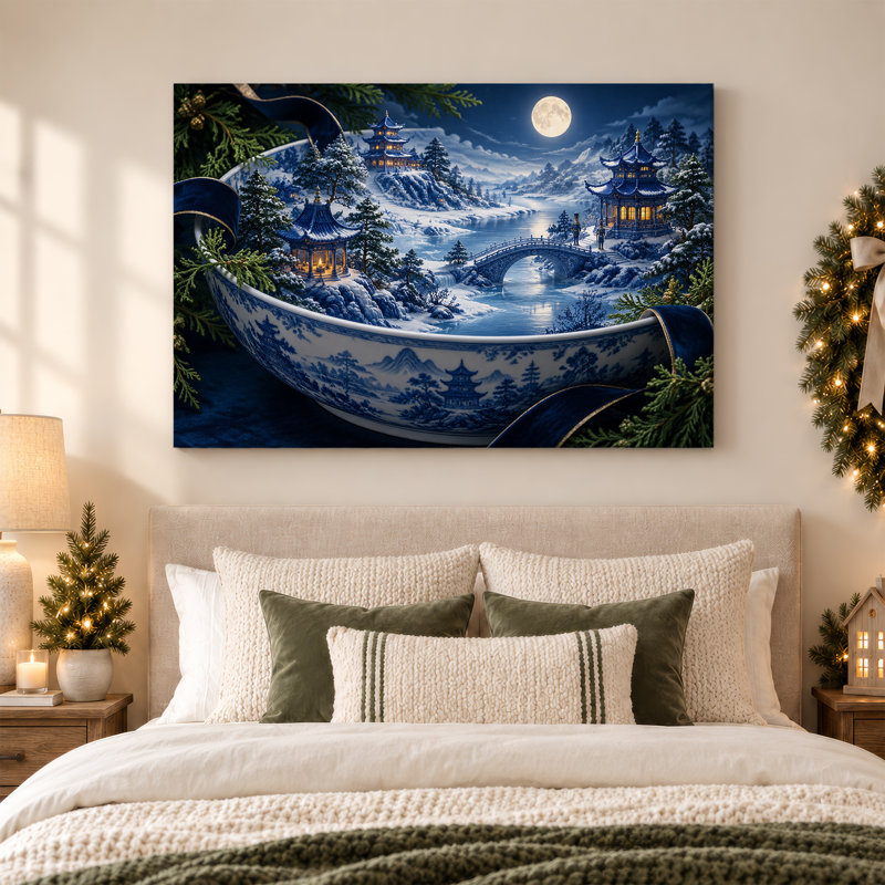 " Snowy Pagoda Landscape Inside Blue Porcelain Bowl Christmas " Painting, H 28 po x l 40 po