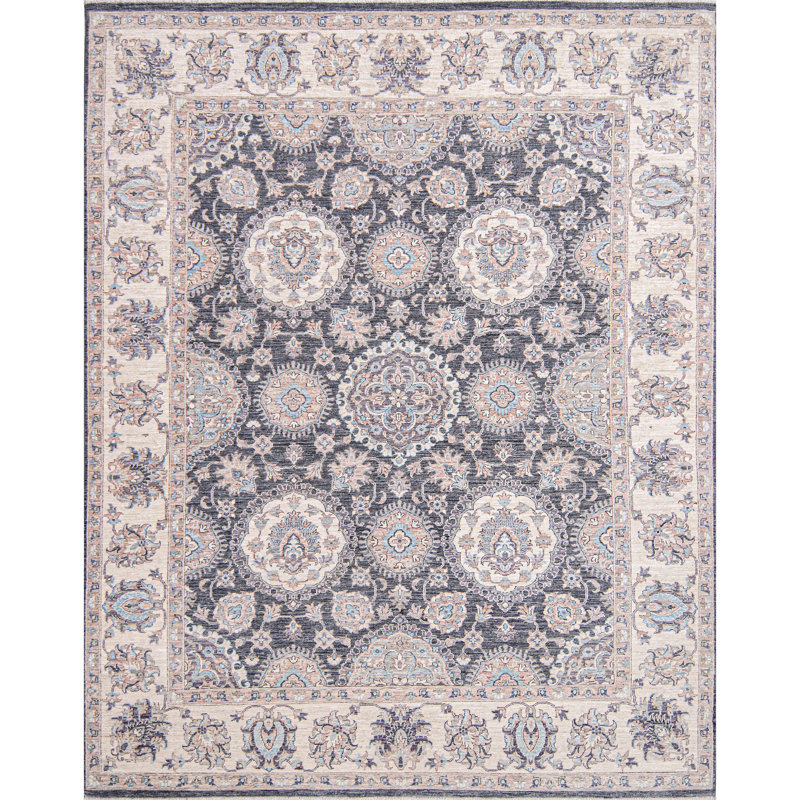 Tapis unique noir / bleu clair / crème / ivoire 7 pi 10 po x 9 pi 10 po