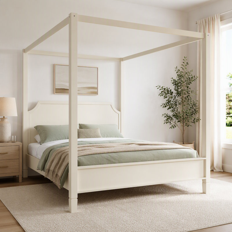 Lit plateforme à baldaquin en bois avec tête de lit et pieds de support, Grand lit, Blanc crémeux