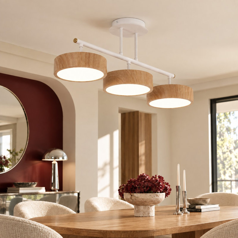 3-Light Modern Linear Integrated LED Pendant Light With Wood-Look Frame