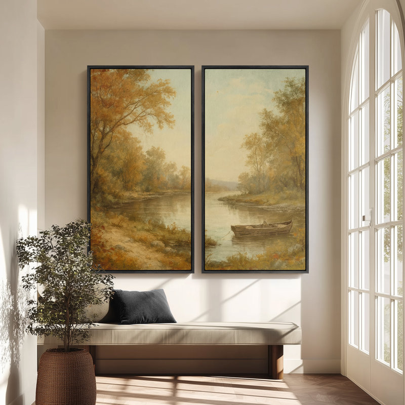 Paysage d'automne avec embarcation rustique à l'entrée - ensemble de 2 reproductions d'art encadrées sur toile 60 po x 30 po x 2 pièces